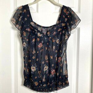 Fire Los Angeles Sheer Navy Floral Blouse Elasticized Hem Feminine Size Medium